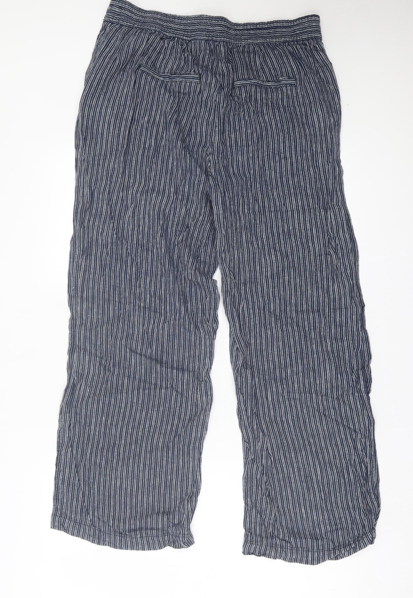 NEXT Womens Blue Striped Linen Trousers Size 14 L28 in Regular Drawstring