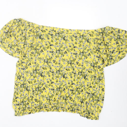 Oasis Womens Yellow Floral Viscose Basic T-Shirt Size L Off the Shoulder
