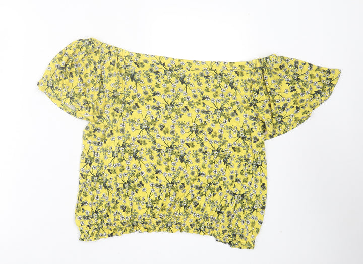 Oasis Womens Yellow Floral Viscose Basic T-Shirt Size L Off the Shoulder