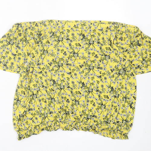 Oasis Womens Yellow Floral Viscose Basic T-Shirt Size L Off the Shoulder