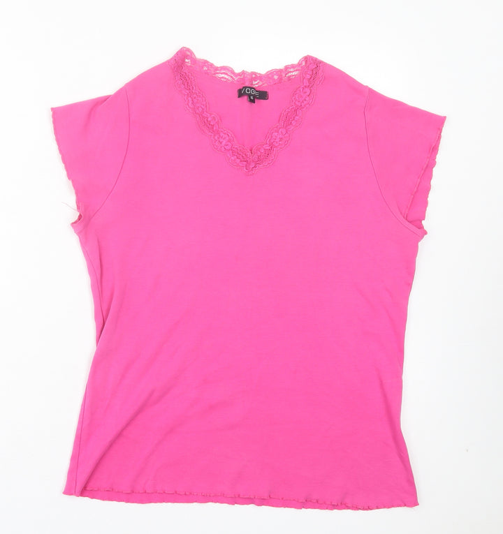 Vogue Womens Pink Cotton Basic T-Shirt Size 16 V-Neck - Lettuce edging, Lace