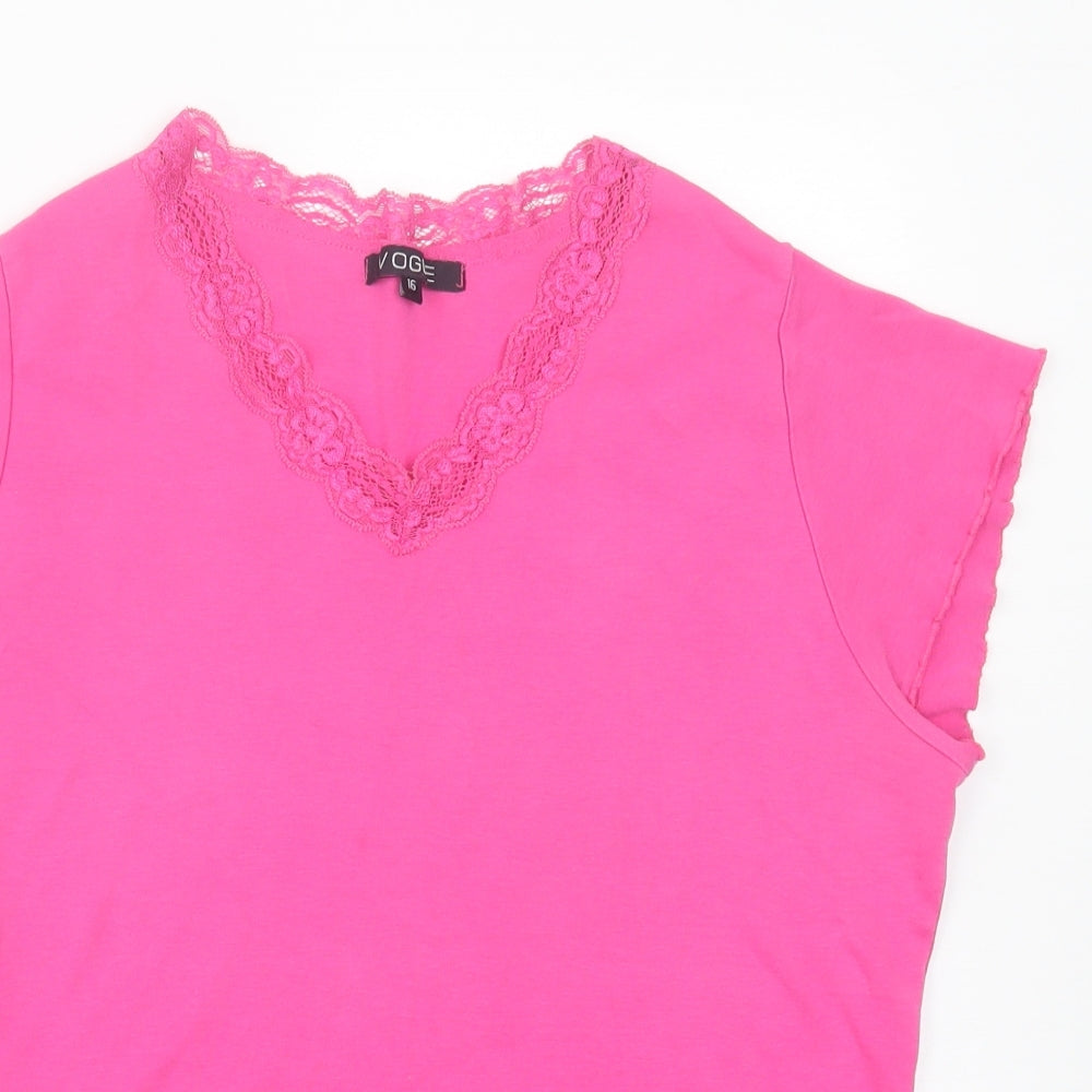 Vogue Womens Pink Cotton Basic T-Shirt Size 16 V-Neck - Lettuce edging, Lace