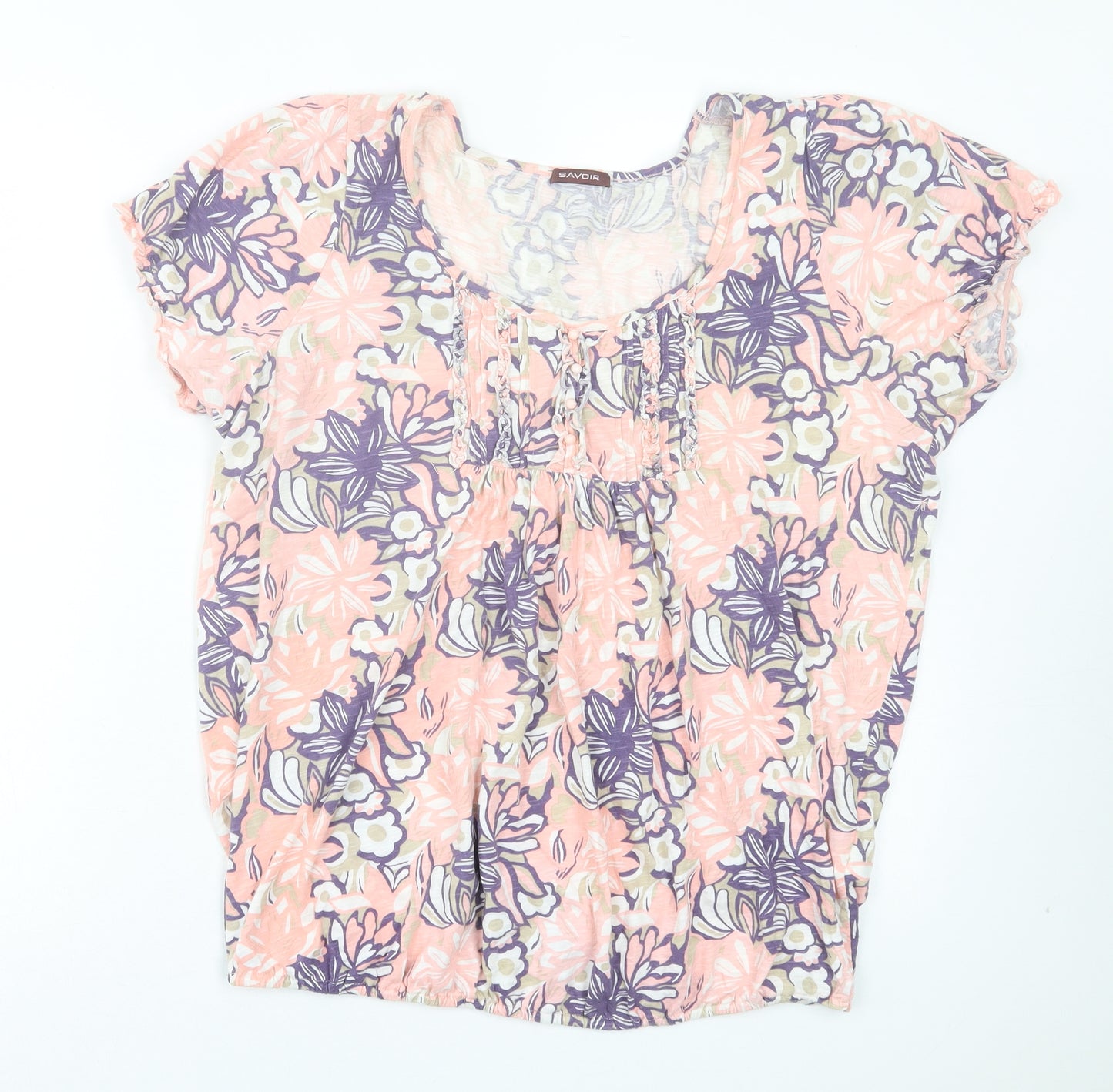 Savoir Womens Pink Floral Cotton Basic T-Shirt Size 14 Scoop Neck
