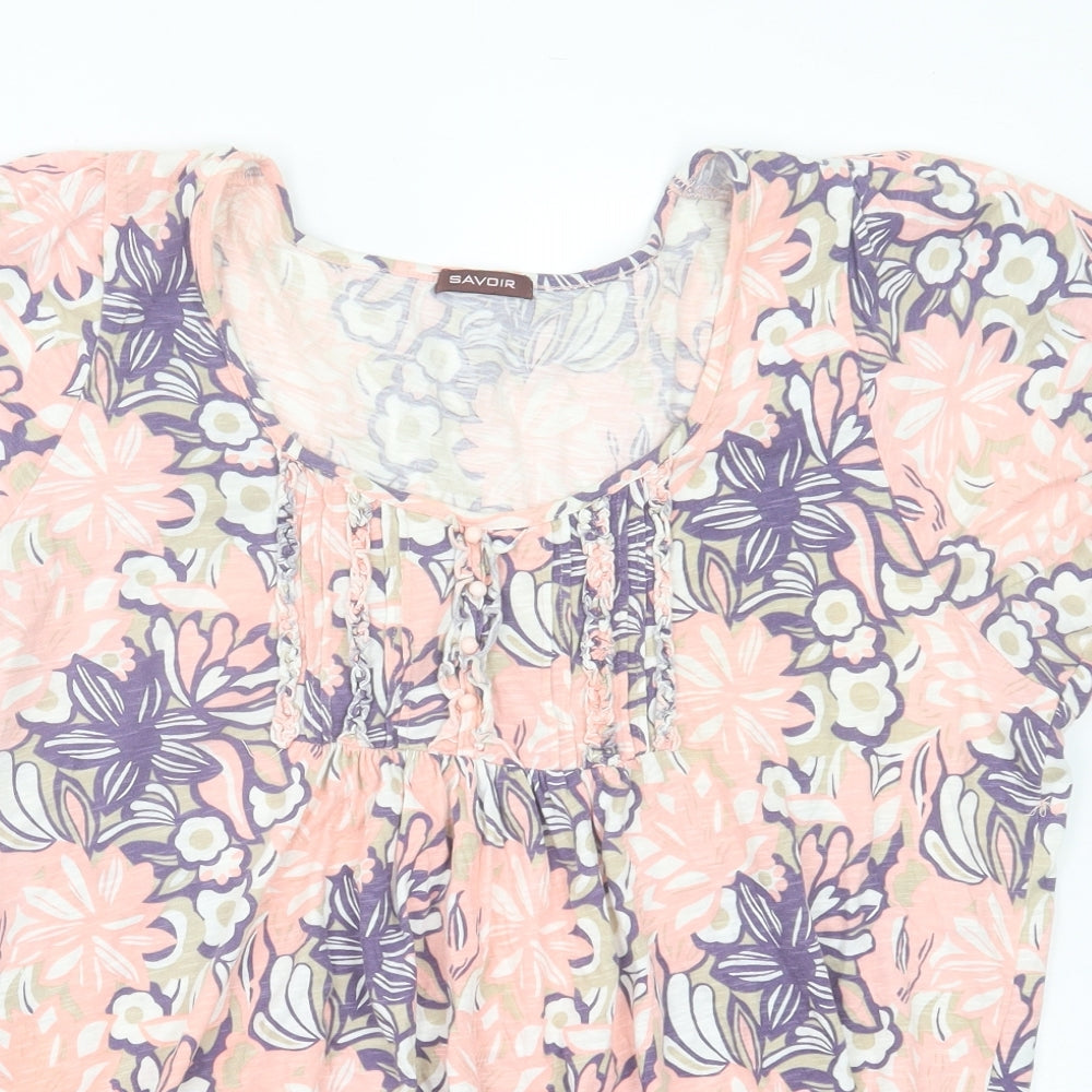 Savoir Womens Pink Floral Cotton Basic T-Shirt Size 14 Scoop Neck