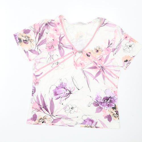 via veneto Womens Purple Floral Viscose Basic T-Shirt Size 16 V-Neck