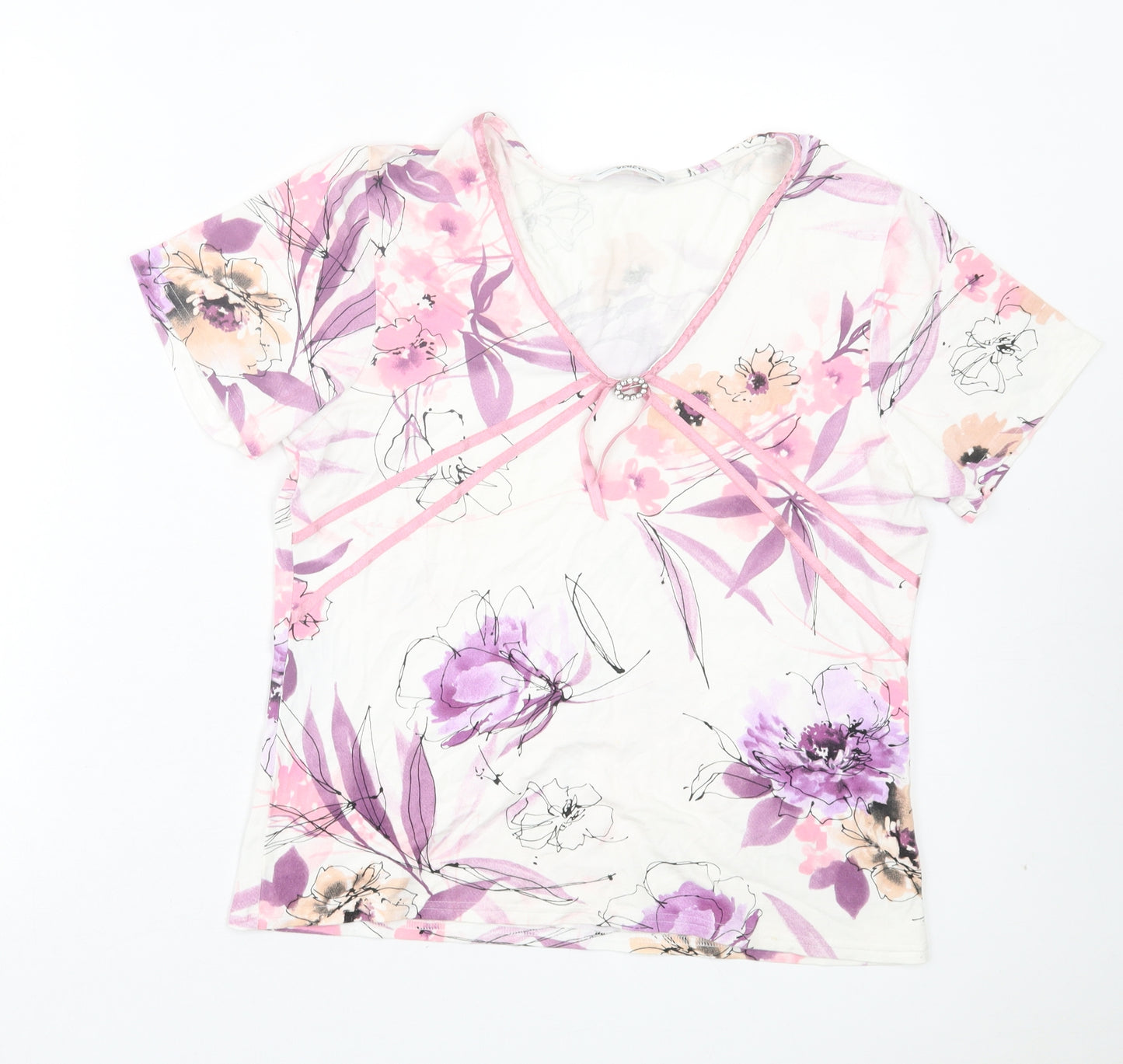 via veneto Womens Purple Floral Viscose Basic T-Shirt Size 16 V-Neck