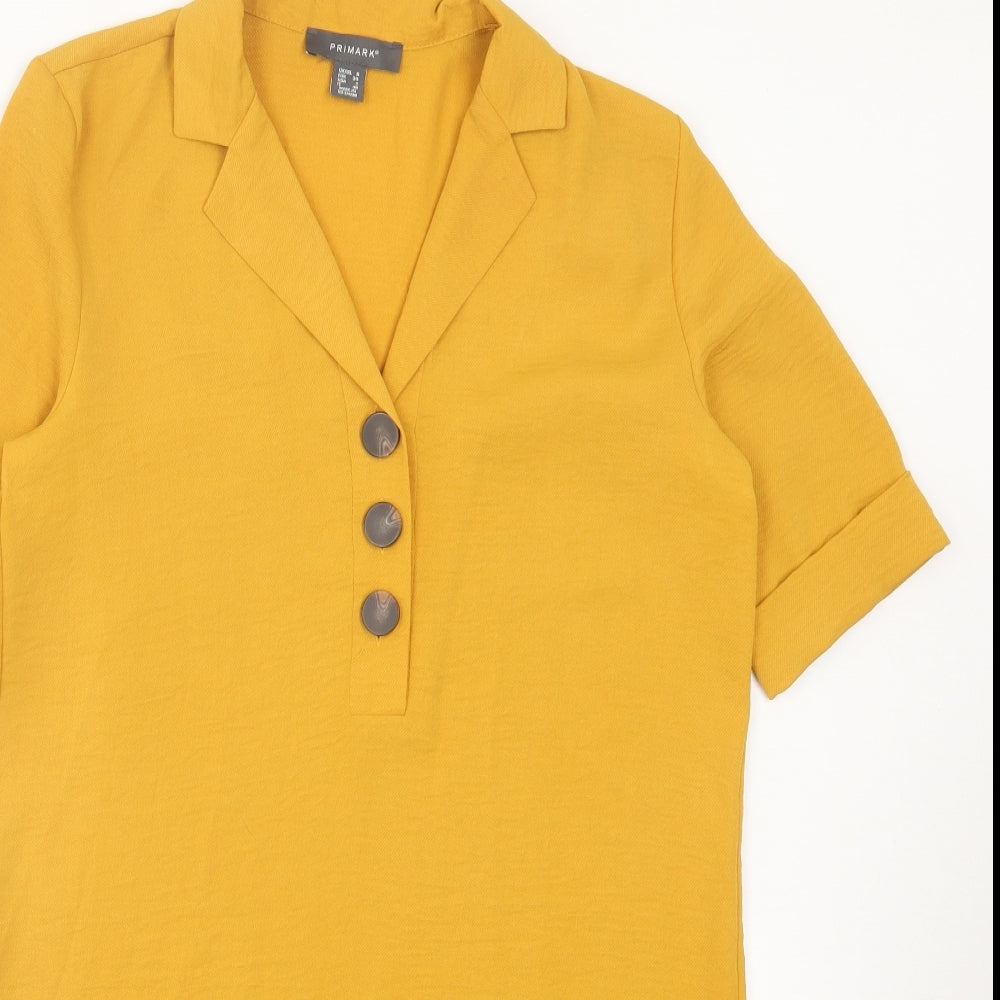 Primark Womens Yellow Polyester A-Line Size 6 V-Neck Button
