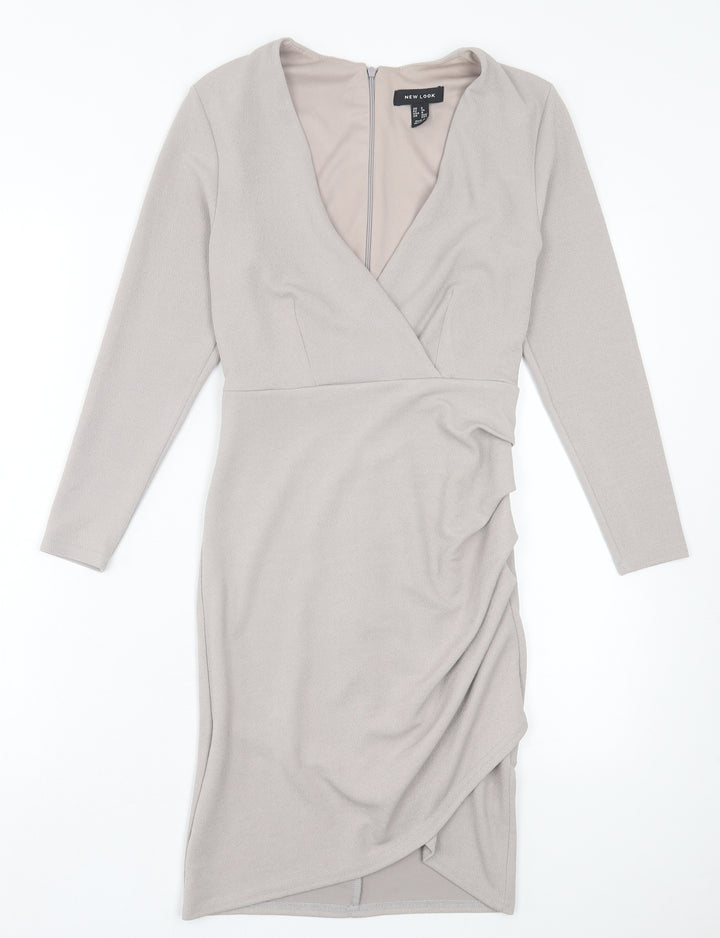 New Look Womens Grey Polyester Pencil Dress Size 8 V-Neck Zip