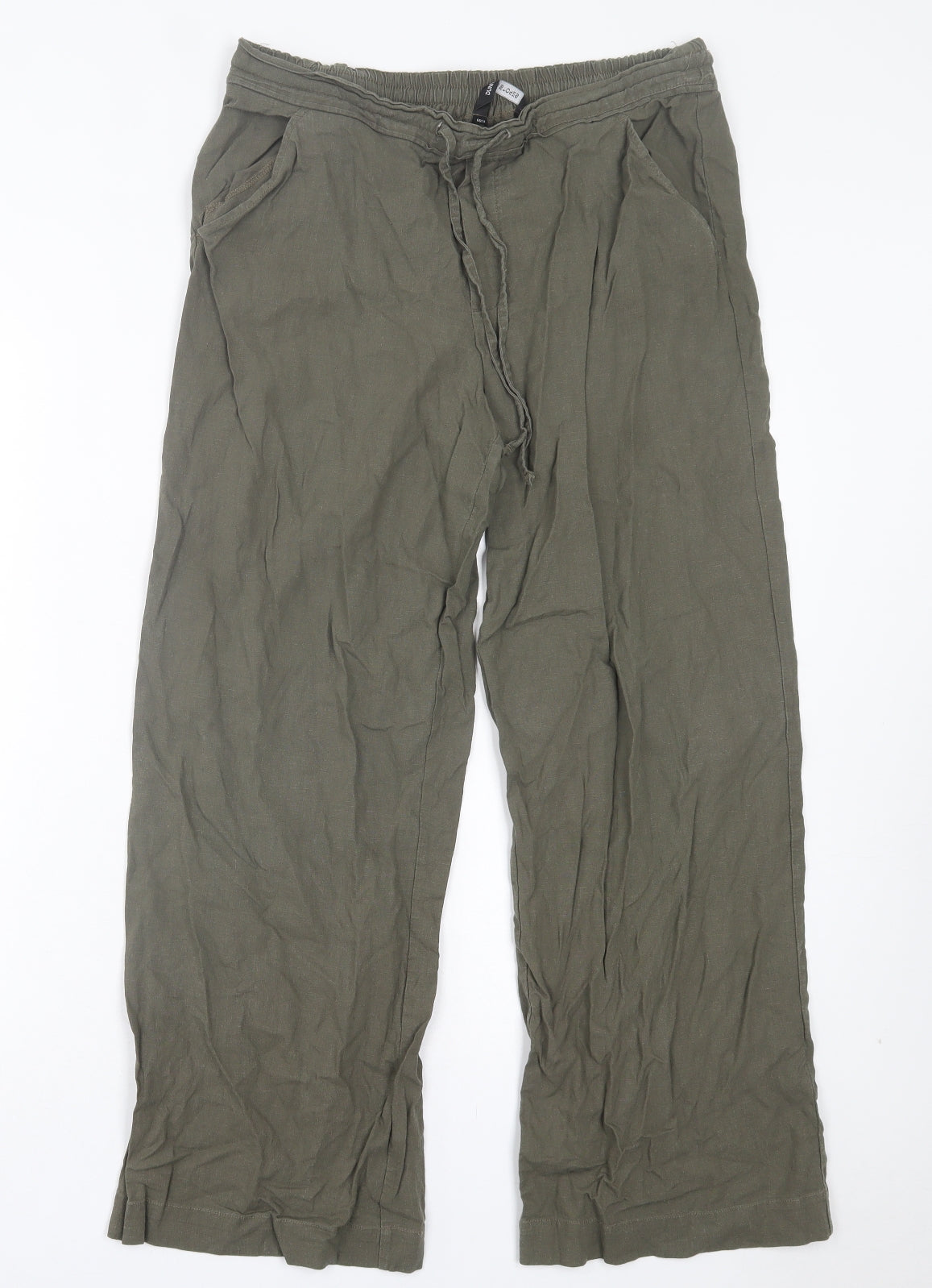 Dunnes Stores Womens Green Linen Trousers Size 12 L28 in Regular Tie