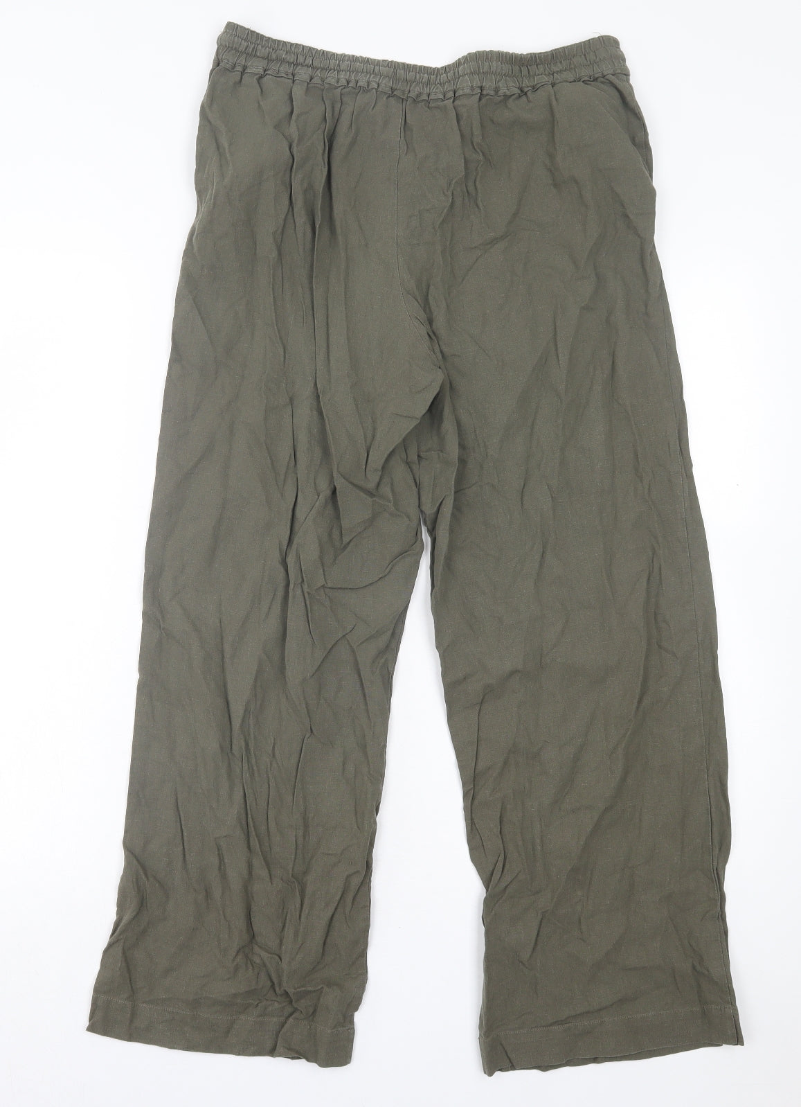 Dunnes Stores Womens Green Linen Trousers Size 12 L28 in Regular Tie