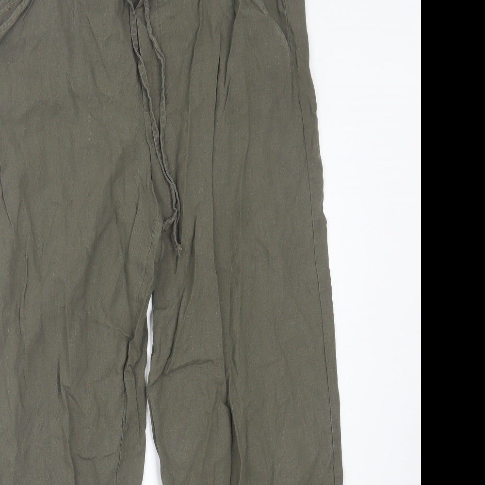 Dunnes Stores Womens Green Linen Trousers Size 12 L28 in Regular Tie