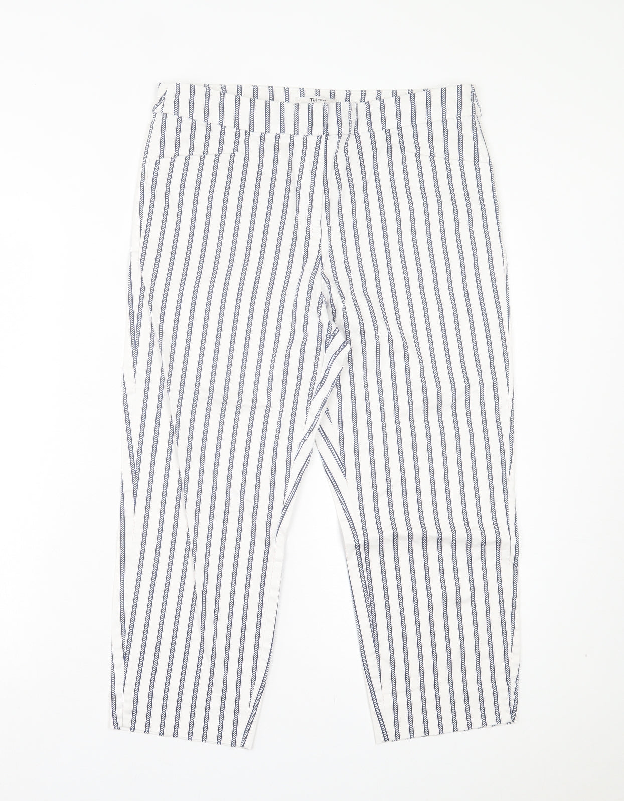 TU Womens White Striped Cotton Cropped Trousers Size 14 L21 in Regular Hook & Eye