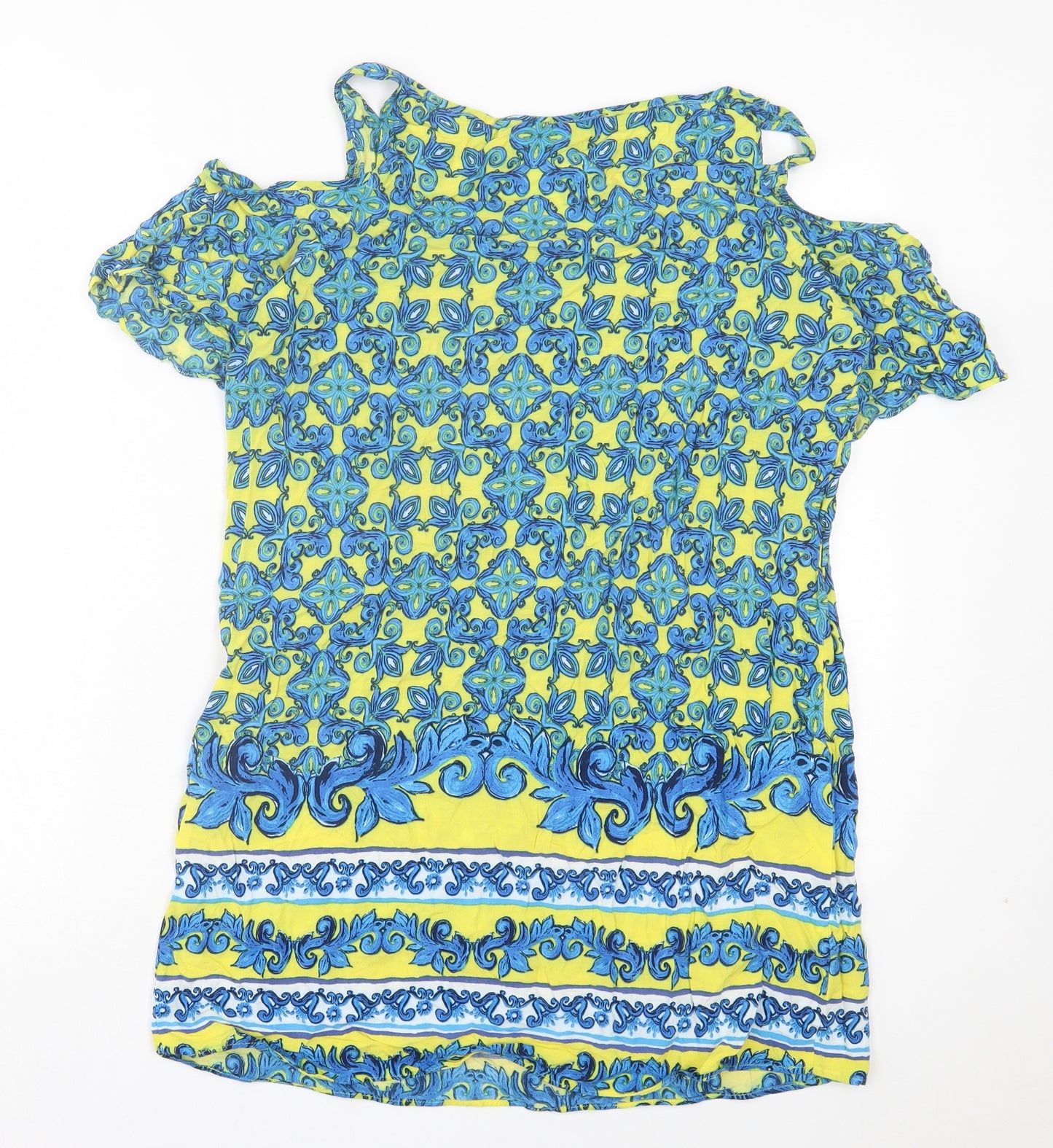 Papaya Womens Blue Geometric Viscose A-Line Size 14 Boat Neck Pullover - Cold Shoulder
