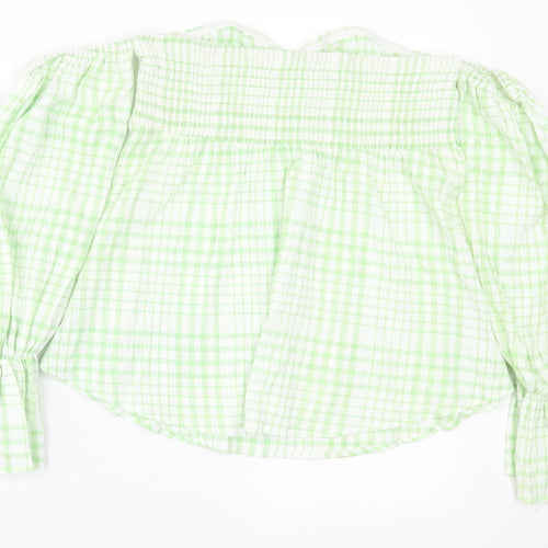 SheIn Womens Green Plaid Polyester Basic T-Shirt Size L Off the Shoulder