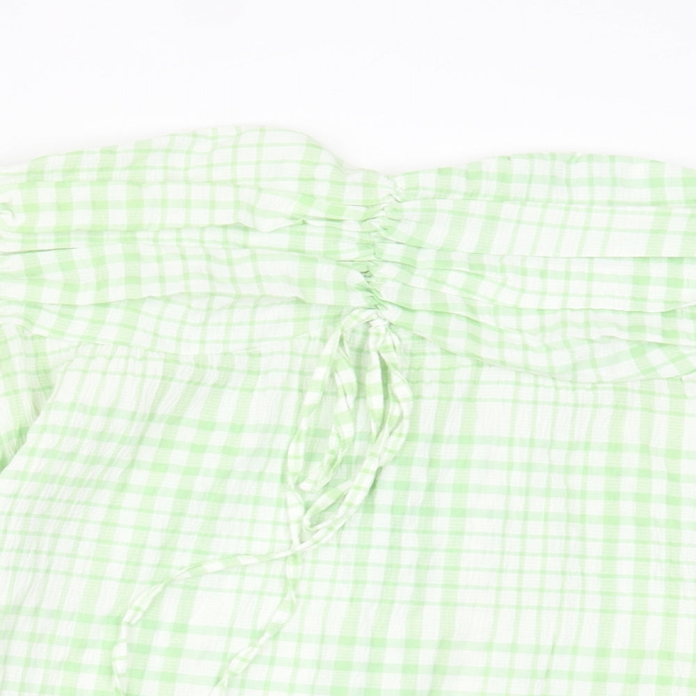 SheIn Womens Green Plaid Polyester Basic T-Shirt Size L Off the Shoulder