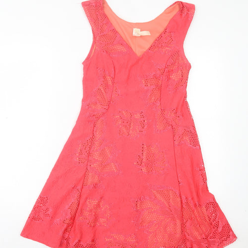 mulata Womens Pink Floral Polyester Fit & Flare Size L V-Neck Pullover