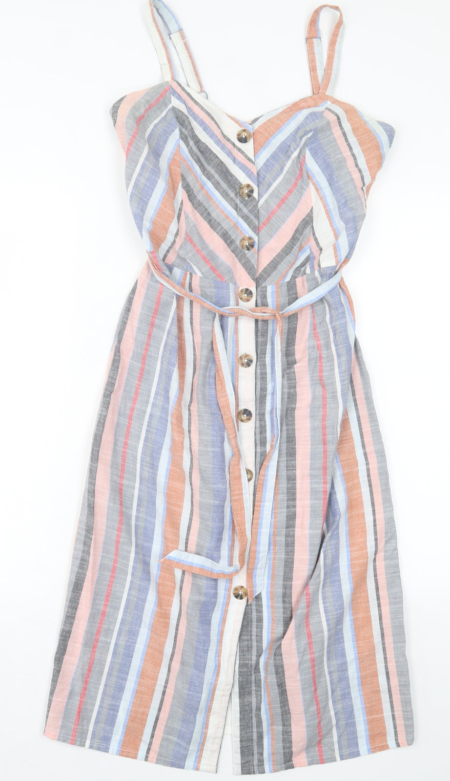 Nutmeg Womens Multicoloured Striped Cotton A-Line Size 8 V-Neck Button