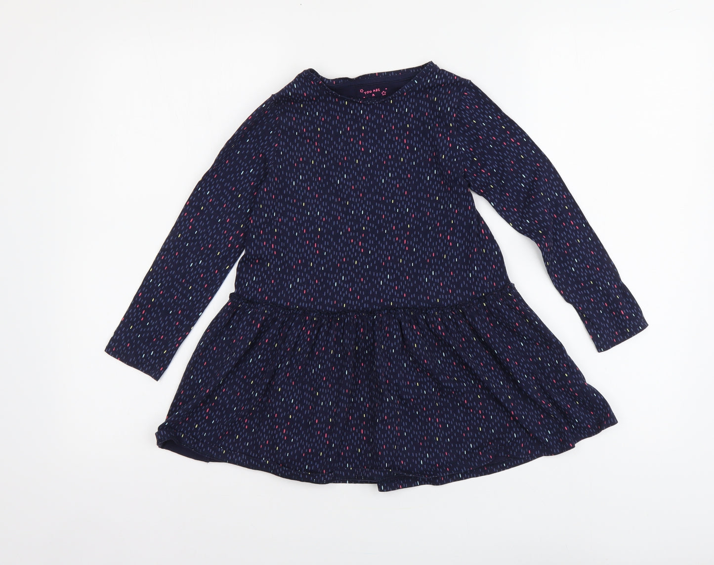F&F Girls Blue Geometric Cotton Skater Dress Size 6-7 Years Round Neck Pullover
