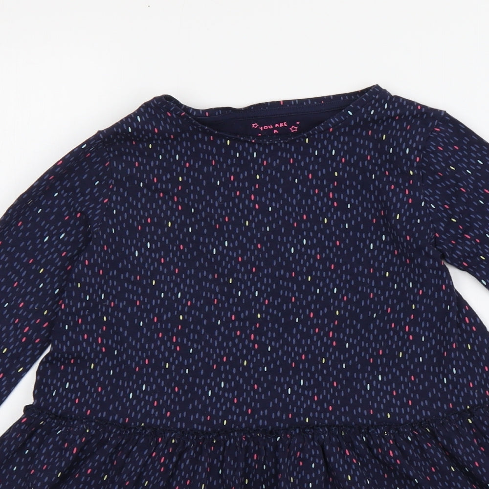 F&F Girls Blue Geometric Cotton Skater Dress Size 6-7 Years Round Neck Pullover