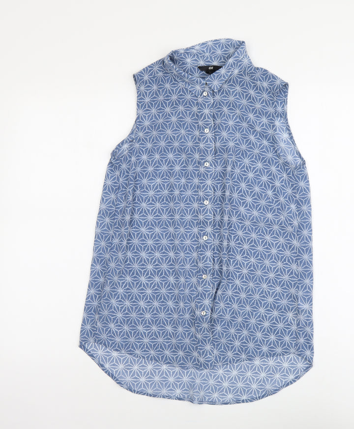 H&M Womens Blue Geometric Polyester Basic Button-Up Size XS Collared