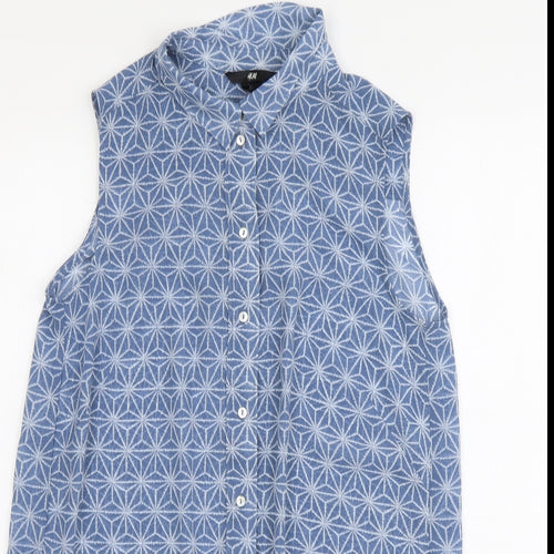 H&M Womens Blue Geometric Polyester Basic Button-Up Size XS Collared