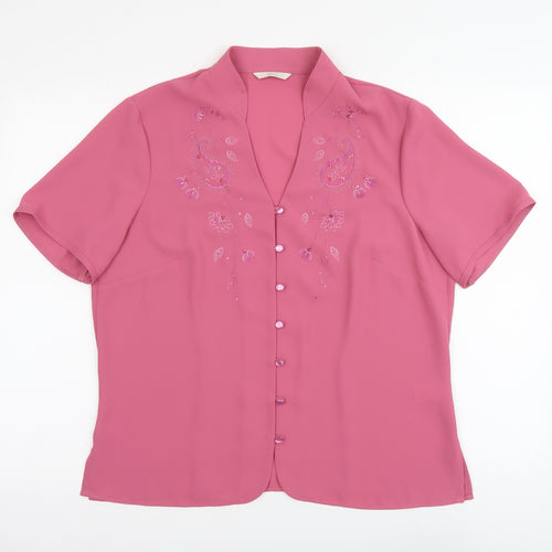 Marks and Spencer Womens Pink Floral Polyester Basic Button-Up Size 14 V-Neck
