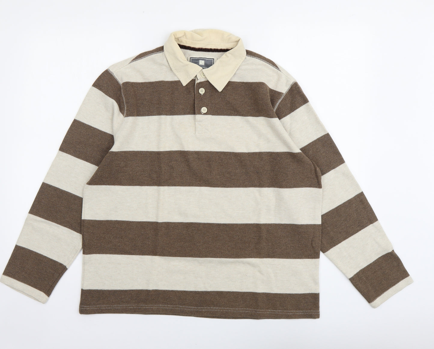 TU Mens Beige Striped Cotton Polo Size L Collared Button