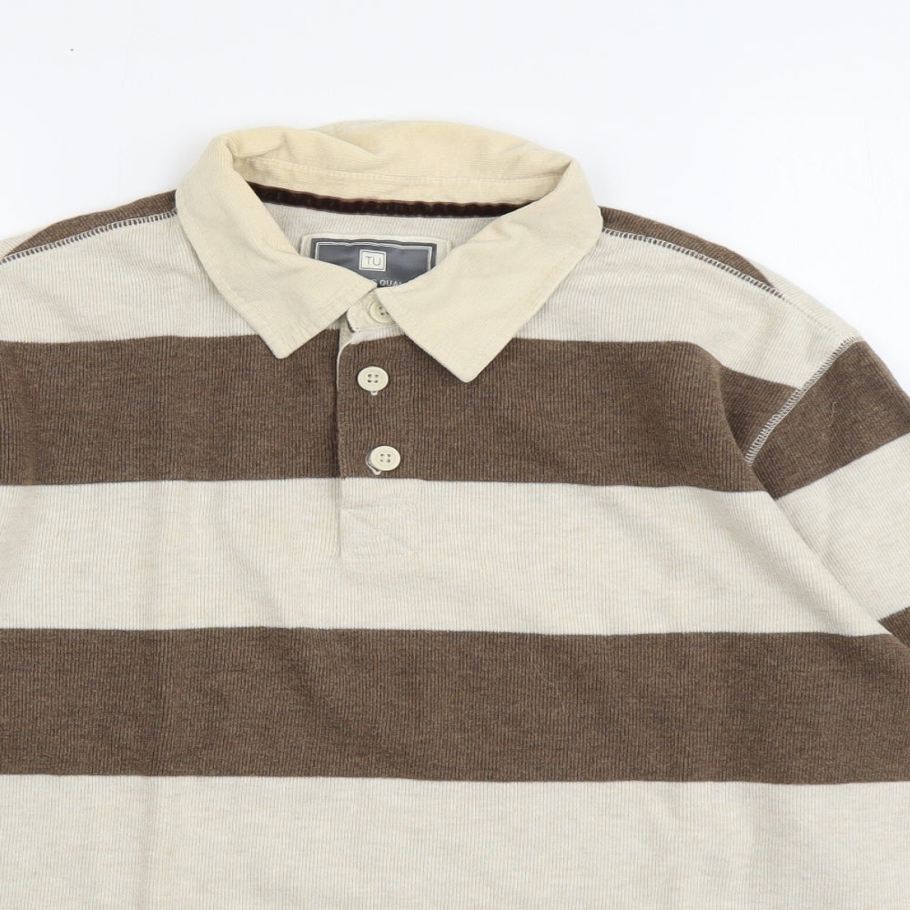 TU Mens Beige Striped Cotton Polo Size L Collared Button