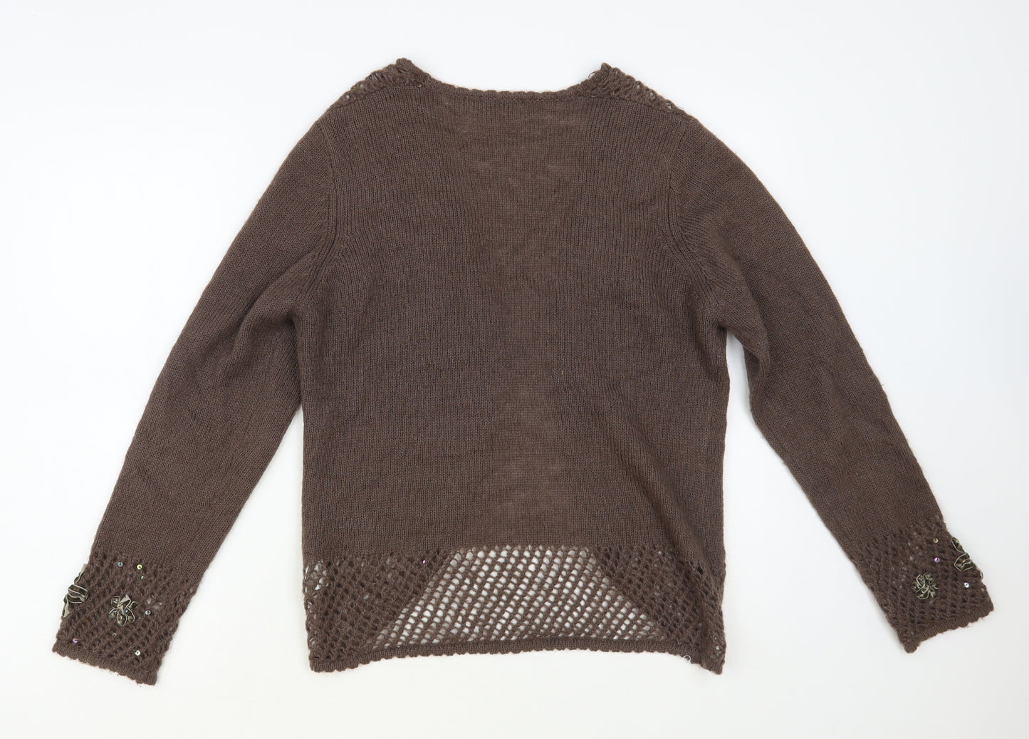 Zahara Womens Brown V-Neck Acrylic Cardigan Jumper Size L - Flower Detail