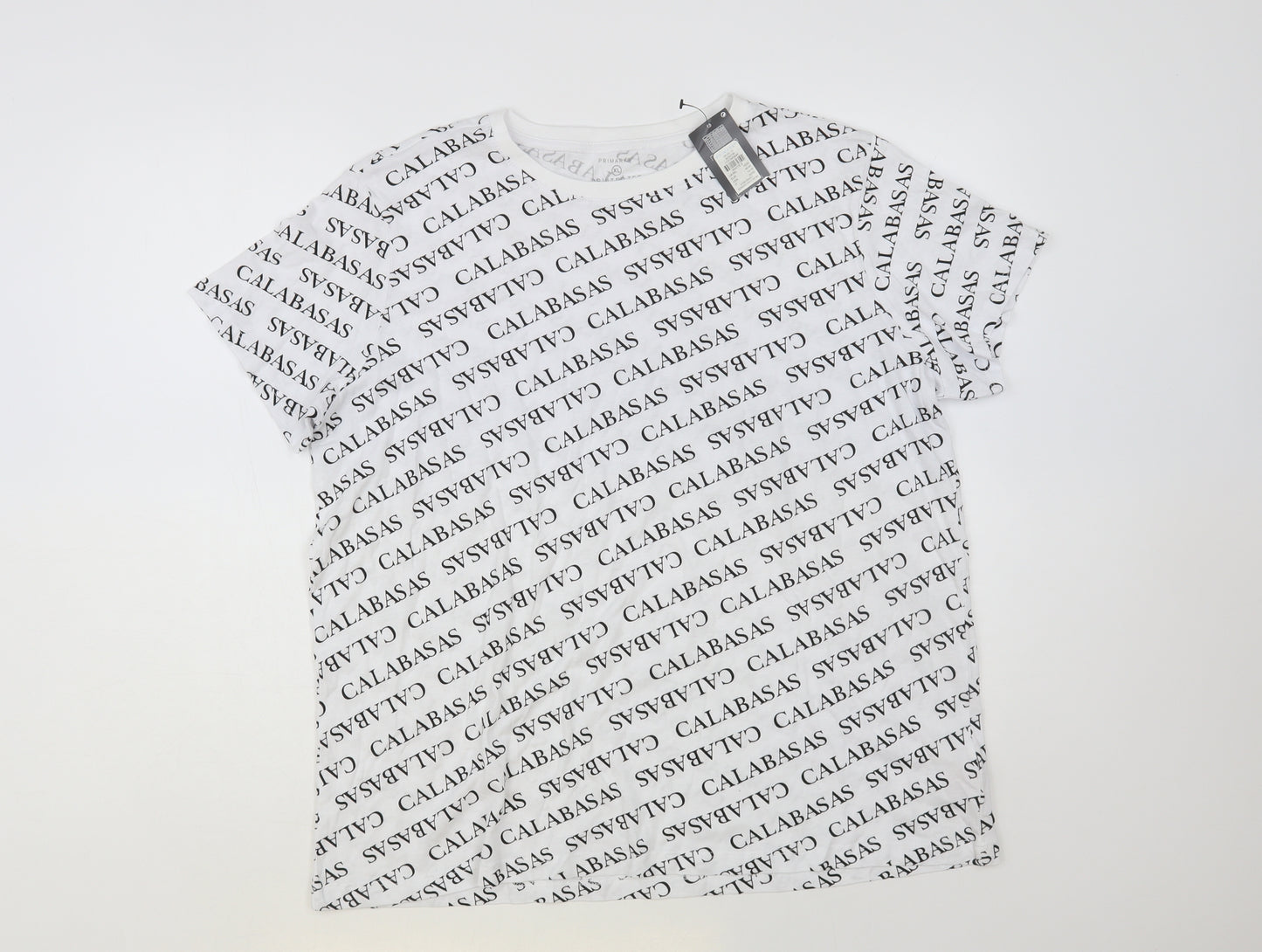 Primark Womens White Geometric Cotton Basic T-Shirt Size 18 Crew Neck - Calabasas