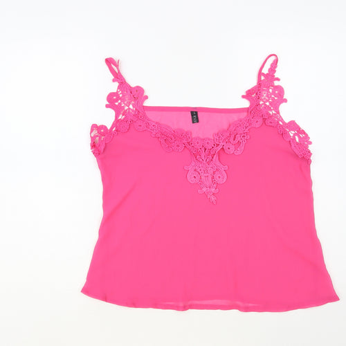 Zanzea Womens Pink Polyester Camisole Blouse Size L V-Neck - Lace Detail