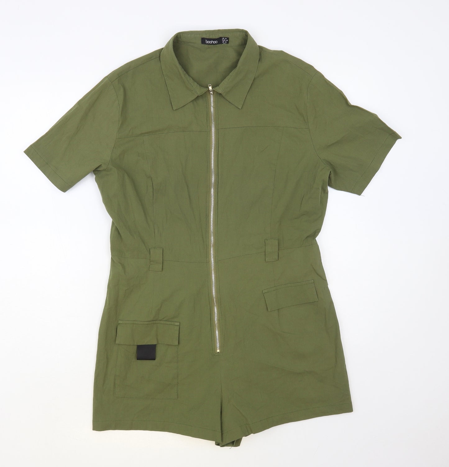 Boohoo Womens Green Cotton Playsuit One-Piece Size 14 Zip