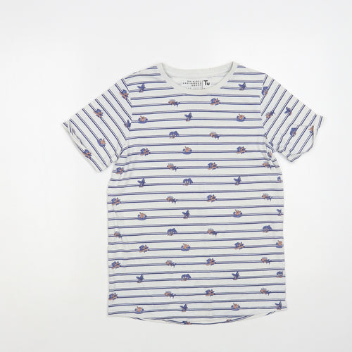 TU Boys White Striped Cotton Pullover T-Shirt Size 11 Years Crew Neck Pullover - Palm Trees