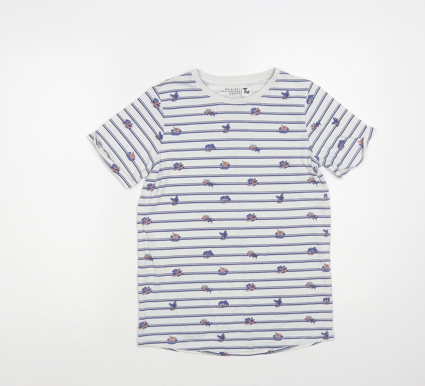 TU Boys White Striped Cotton Pullover T-Shirt Size 11 Years Crew Neck Pullover - Palm Trees