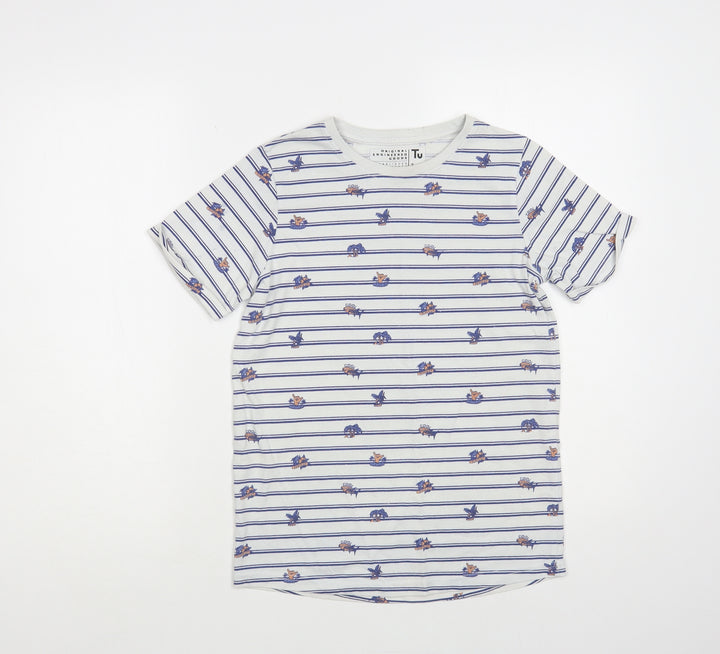 TU Boys White Striped Cotton Pullover T-Shirt Size 11 Years Crew Neck Pullover - Palm Trees