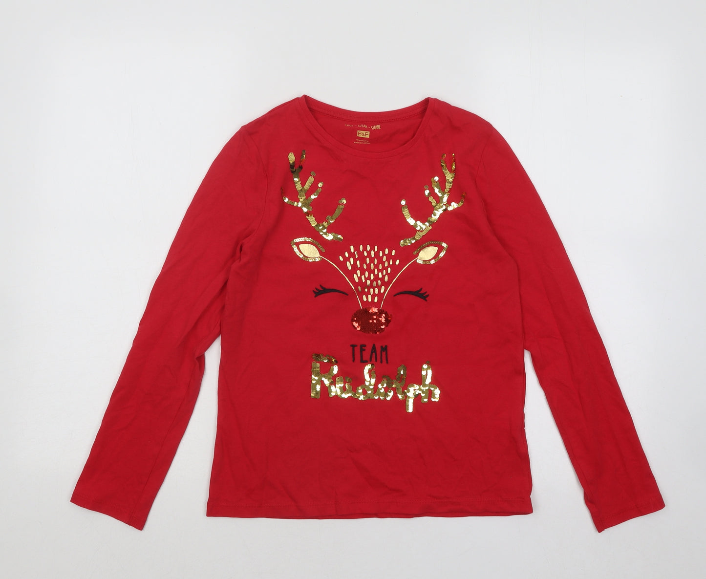 F&F Girls Red Cotton Basic T-Shirt Size 11-12 Years Round Neck Pullover - Team Rudolf
