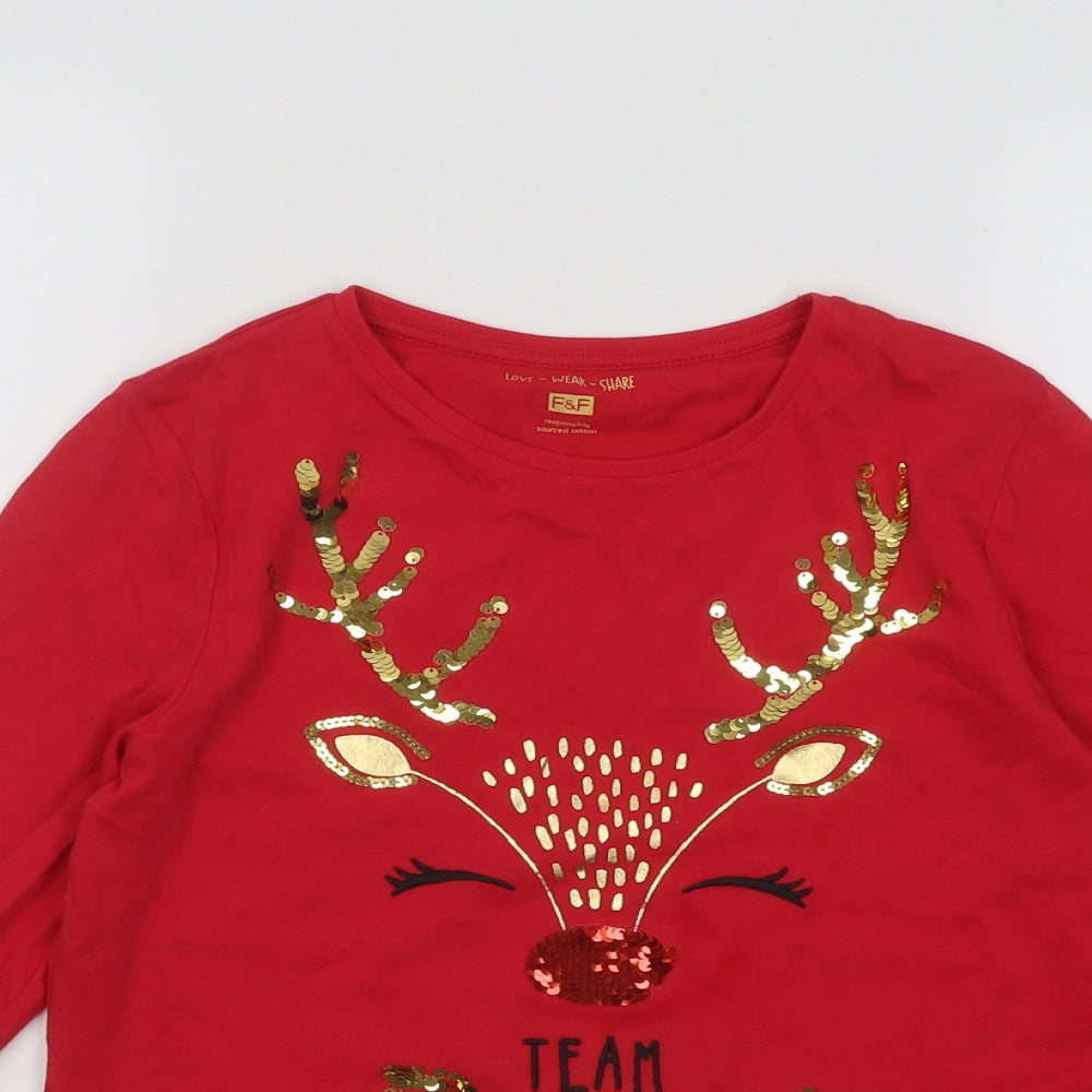 F&F Girls Red Cotton Basic T-Shirt Size 11-12 Years Round Neck Pullover - Team Rudolf