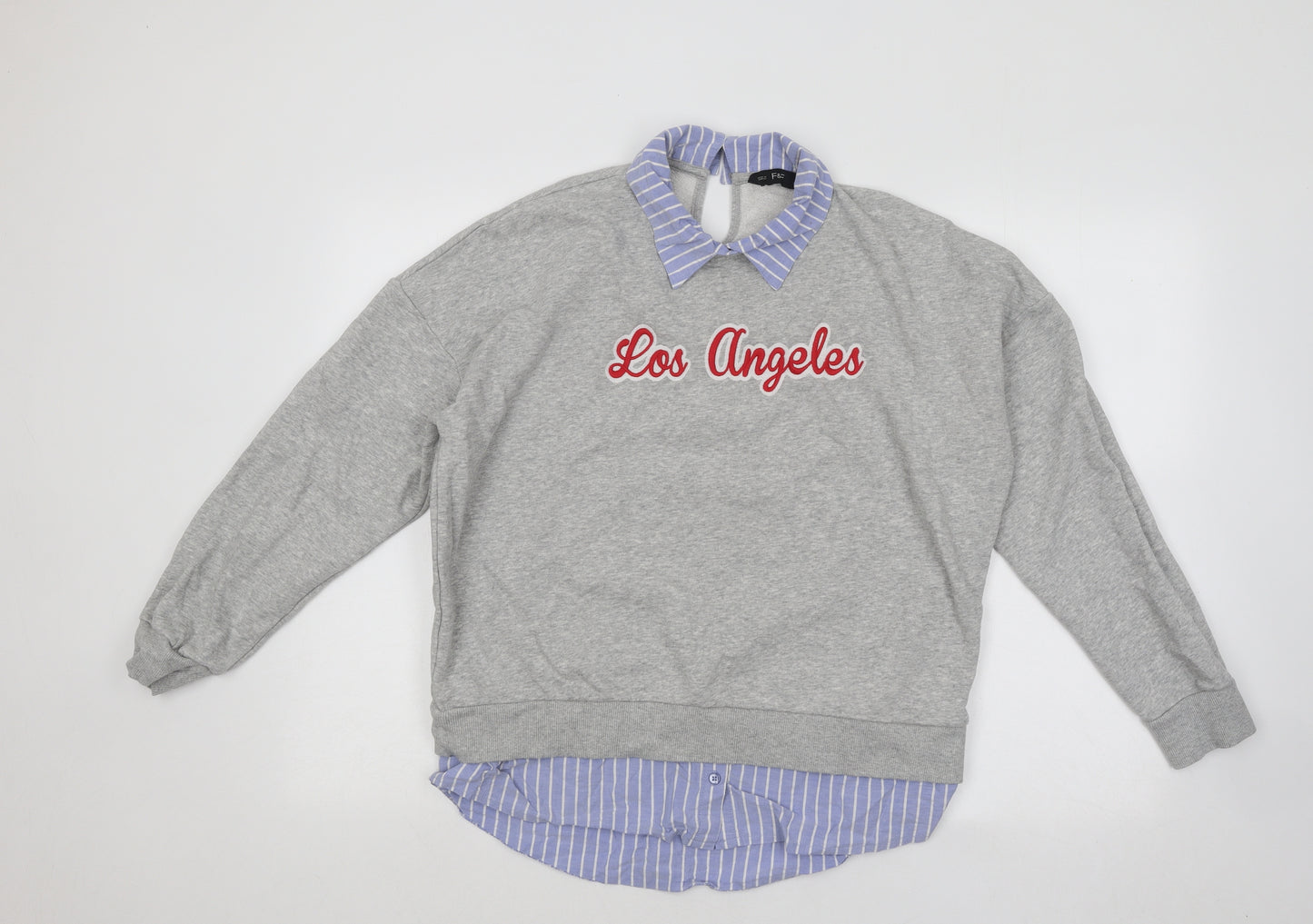 F&F Womens Grey Striped Cotton Pullover Sweatshirt Size 12 Button - Los Angeles