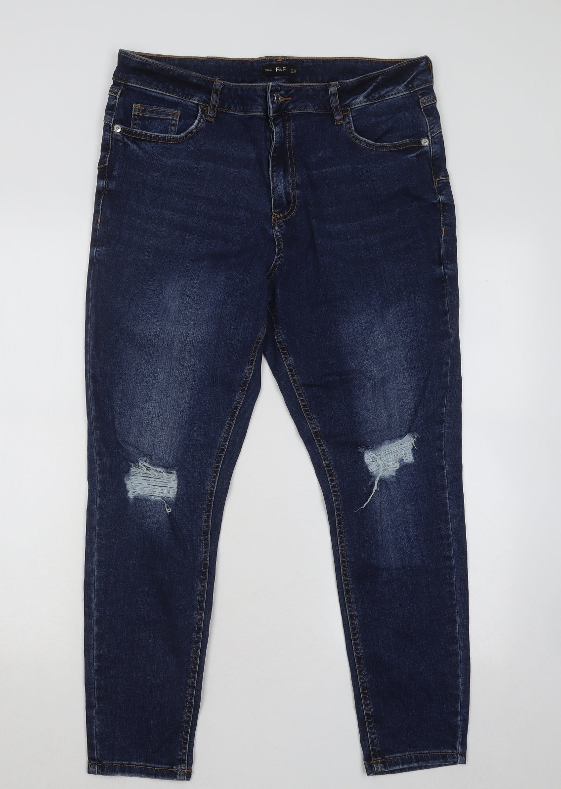 F&F Womens Blue Cotton Straight Jeans Size 16 L25 in Regular Button