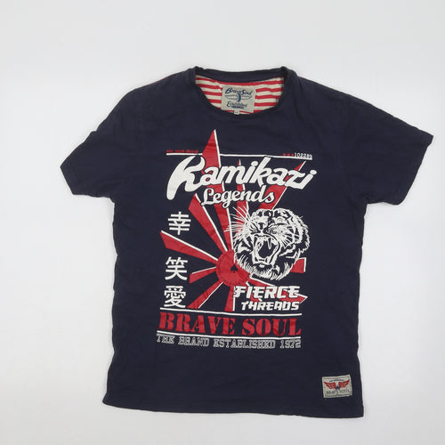 Brave Soul Mens Blue Cotton T-Shirt Size M Round Neck - Kamakazi Legends