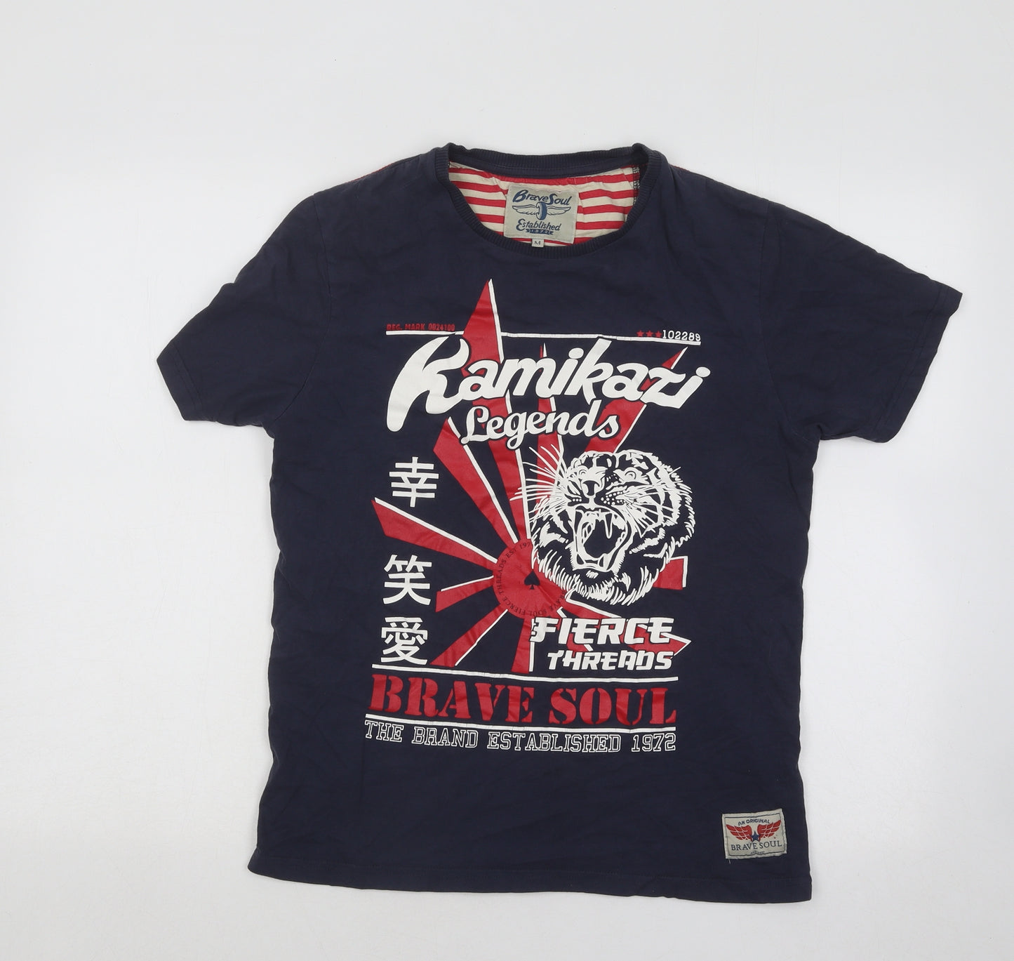 Brave Soul Mens Blue Cotton T-Shirt Size M Round Neck - Kamakazi Legends