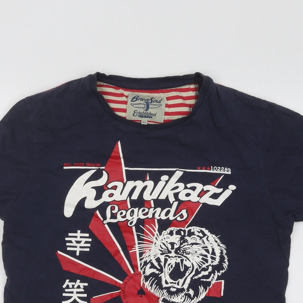 Brave Soul Mens Blue Cotton T-Shirt Size M Round Neck - Kamakazi Legends