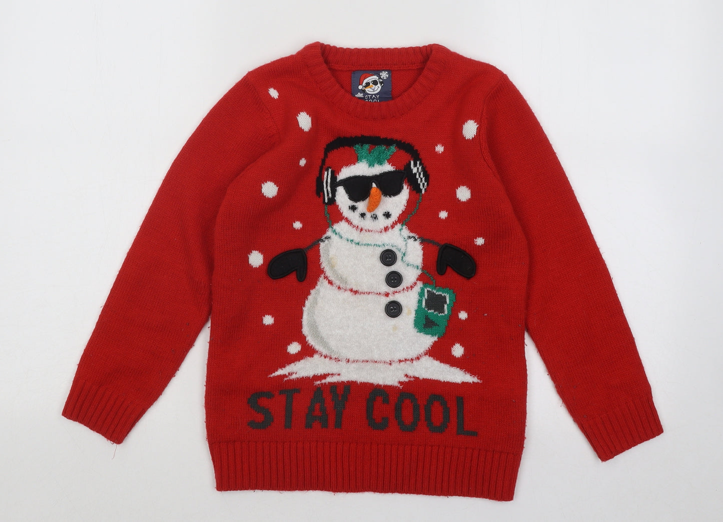 F&F Boys Red Round Neck Acrylic Pullover Jumper Size 7-8 Years Pullover - Christmas Snowman
