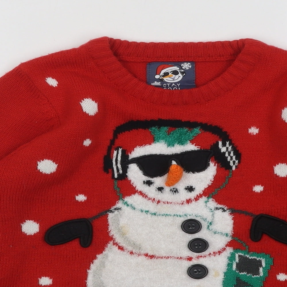 F&F Boys Red Round Neck Acrylic Pullover Jumper Size 7-8 Years Pullover - Christmas Snowman