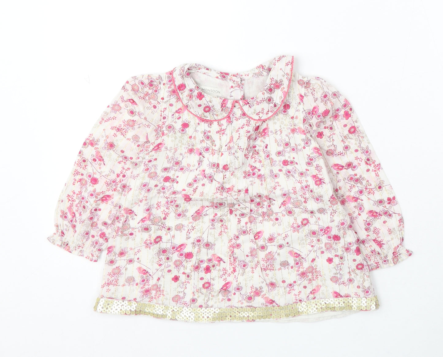 Monsoon Girls White Floral Cotton Basic Blouse Size 18-24 Months Round Neck Button