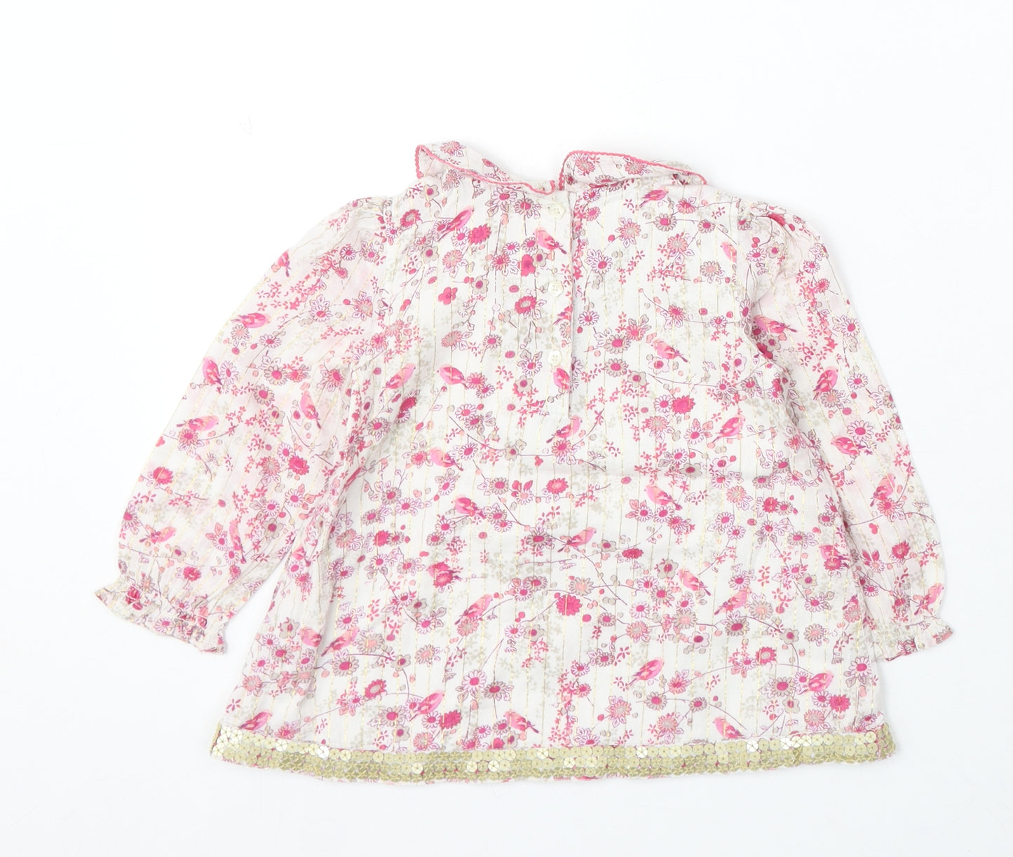 Monsoon Girls White Floral Cotton Basic Blouse Size 18-24 Months Round Neck Button