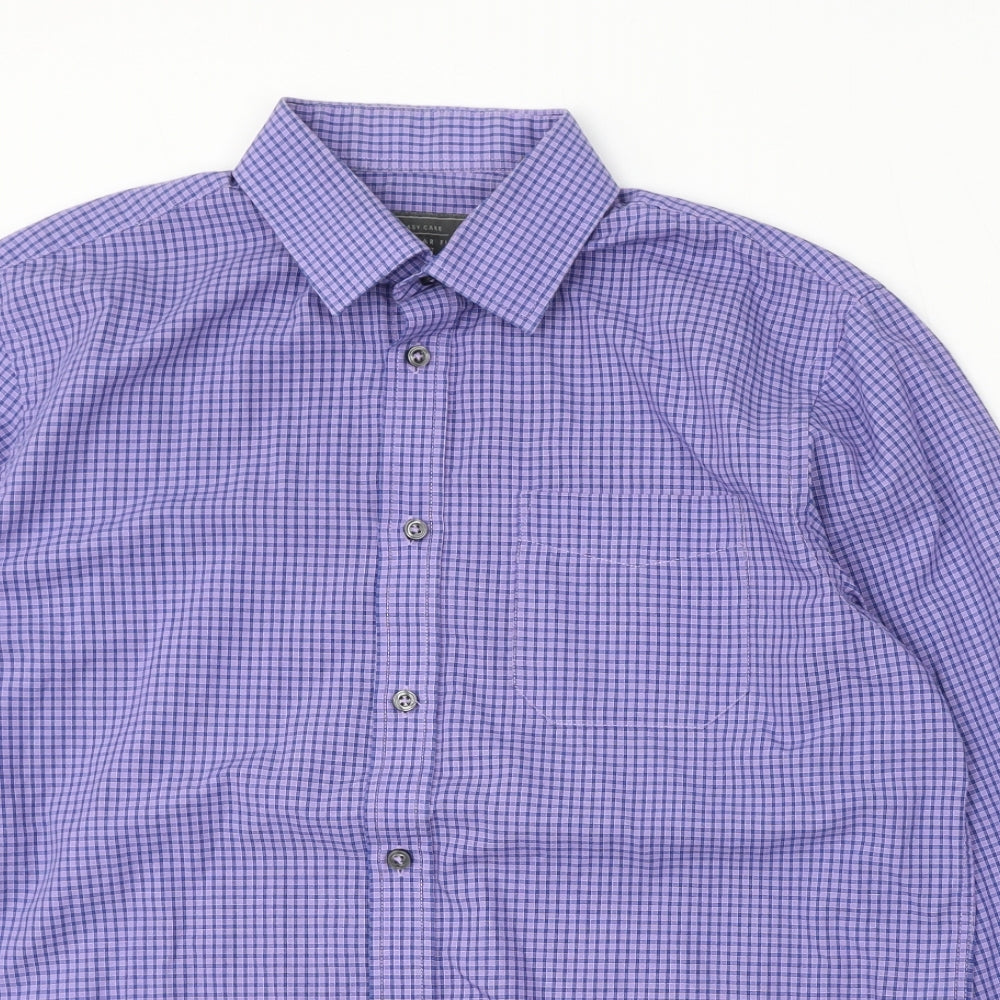 BHS Mens Blue Check Polyester Dress Shirt Size 15.5 Collared Button