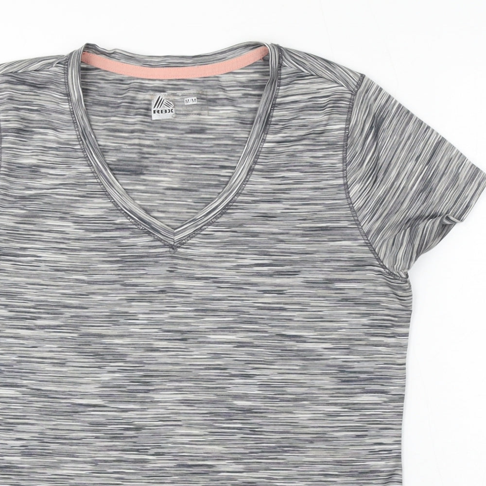 RBX Womens Grey Striped Polyester Basic T-Shirt Size M V-Neck