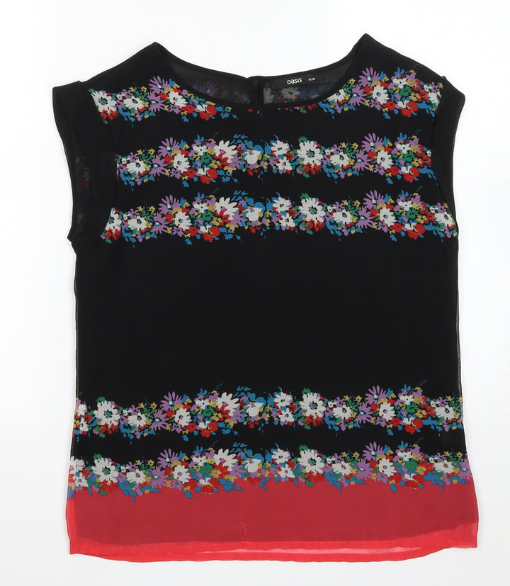 Oasis Womens Black Floral Polyester Basic Blouse Size 10 Boat Neck