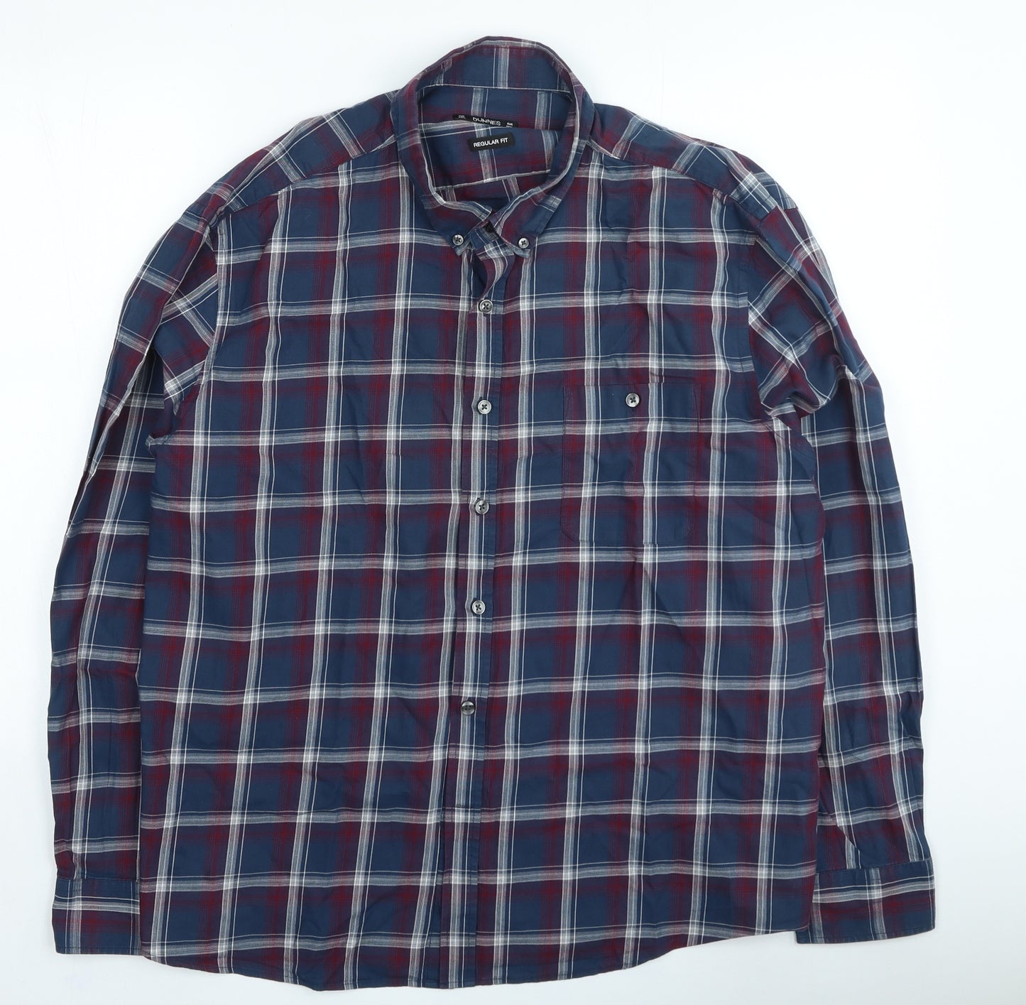 Dunnes Stores Mens Blue Plaid Cotton Button-Up Size 3XL Collared Button